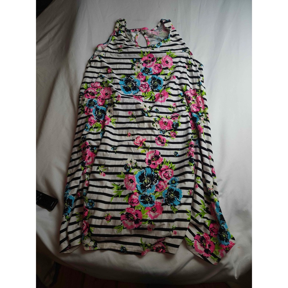 Bobbie Brooks XL Floral Striped Sleeveless Keyhole Back Top Pink Blue Black